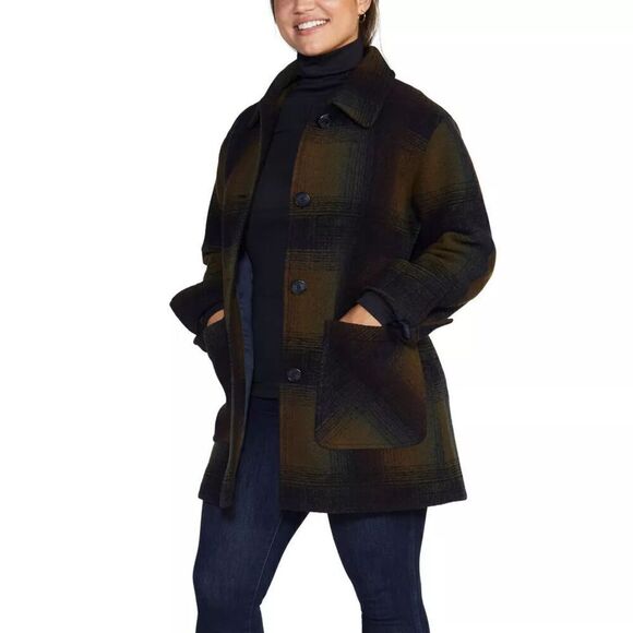 Pendleton Coat Womens Wool Topper Plaid Flip Up Cuffs Olive Navy NWT - Picture 2 of 10